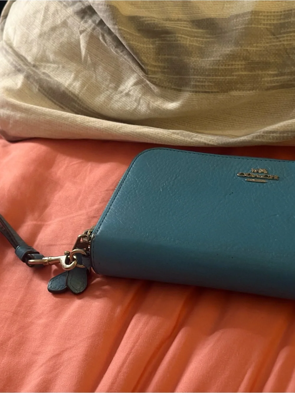 Coach Teal Leather Zip Wristlet Wallet with Gold Hardware